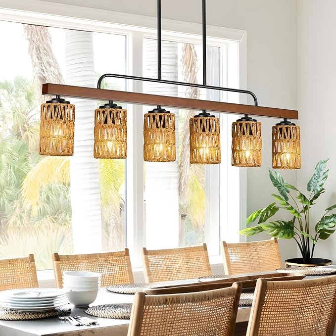 Farmhouse Dining Room Light Fixtures, 43" Rattan 6-Light Wood Kitchen Island Lights Fixture Boho Linear Chandelier Black Hanging Pendant Lighting Over Table