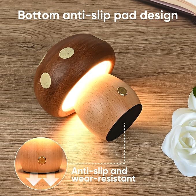 LONRISWAY 2Pack Wood Small Mushroom Table Lamp, LED Rechargeable Cordless Touch Bedside Lamps, Wireless Stepless Dimming Night Light, Portable Battery Lamp for Bedroom Nightstand for Birthday Gifts
