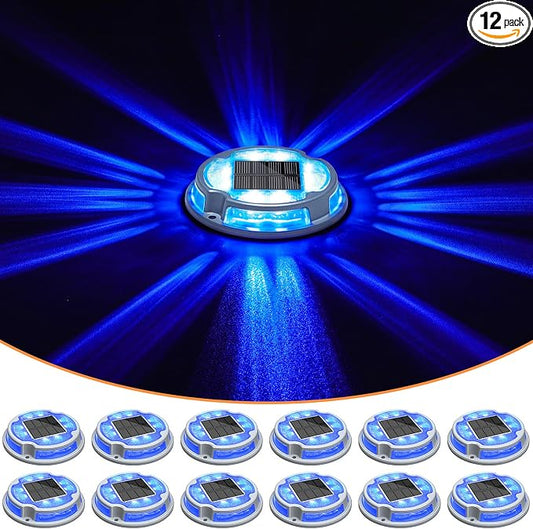 VOLISUN Solar Driveway Deck Lights Dock Marine Lights,12 Pack Solar Ground Light 2 Colors in 1 led Waterproof,Driveway Marker Light for Pathway Warning Step (White/Blue),Auto On/Off