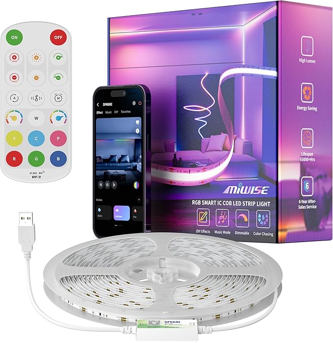 MIWISE 5V USB COB LED Strip Lights,RGB Smart IC LED Strip with App Control,Bluetooth Addressable Music Sync Color Changing Strip Lights,3M Back-Adhesive for Gaming Room PC Home Decor 6.56ft