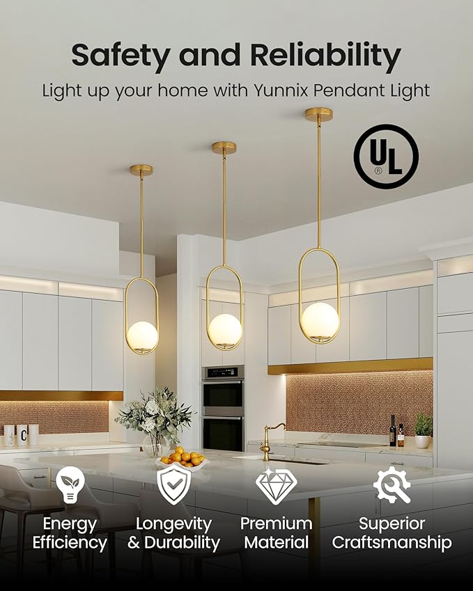 Yunnix 3 Pack Pendant Lights Kitchen Island, Pendant Light Fixtures, Modern Gold Globe Glass Pendant Lighting, Brass Mid Century Chandelier One Light for Bathroom Bedroom Dining Room
