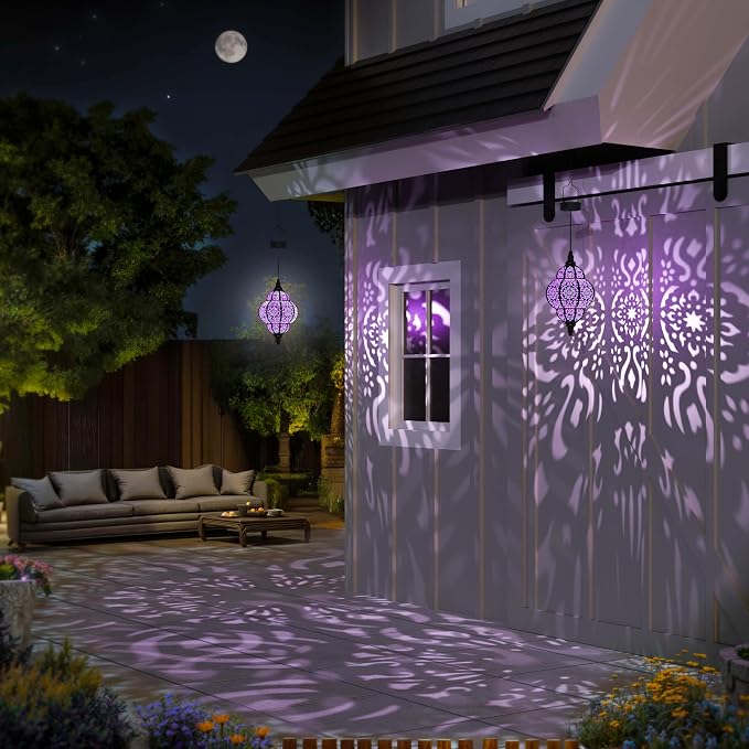 Hapjoy Hanging Solar Lights Outdoor Garden Decor Solar Lantern Waterproof Plastic Moroccan Outdoor Decorations for Patio Pathway Yard Backyard Garden Decorative (2, Purple)