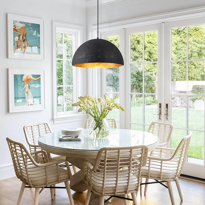 15.7" Farmhouse Pendant Light,Black with Gold Grain Industrial Large Dome Light Fixture,Adjustable Vintage Chandelier for Kitchen Island,Dining Room,and Bedroom