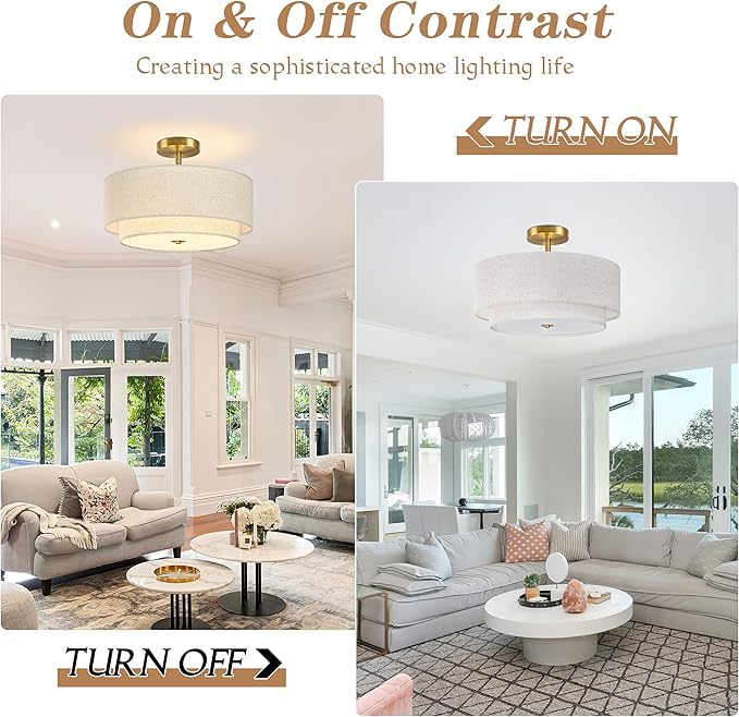 Bagood 3 Light Semi Flush Mount Ceiling Light Fixture 16 Inch Modern Gold Drum Ceiling Light Fixture with 2-Layer Fabric Shade Dimmable Close to Ceiling Light for Living Room Hallway Bedroom Entryway