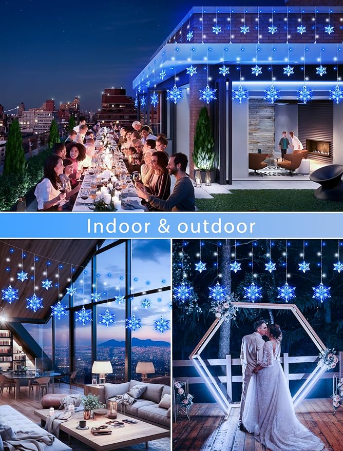 Christmas Snowflake Lights Outdoor,8.2 FT 144 LED Snowflake Icicle Lights with 12 Drops,8 Modes Timer Waterproof Connectable Xmas Light for Eaves,Windows,Curtain,Indoor Outdoor(Blue White)