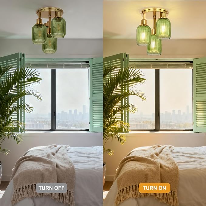 Semi Flush Mount Ceiling Light, 3-Light Close to Ceiling Light Fixtures, Brass Gold Finish Kitchen Light Fixtures with Green Glass Shades Patriot Lighting for Entryway Porch Hallway, Gold & Green