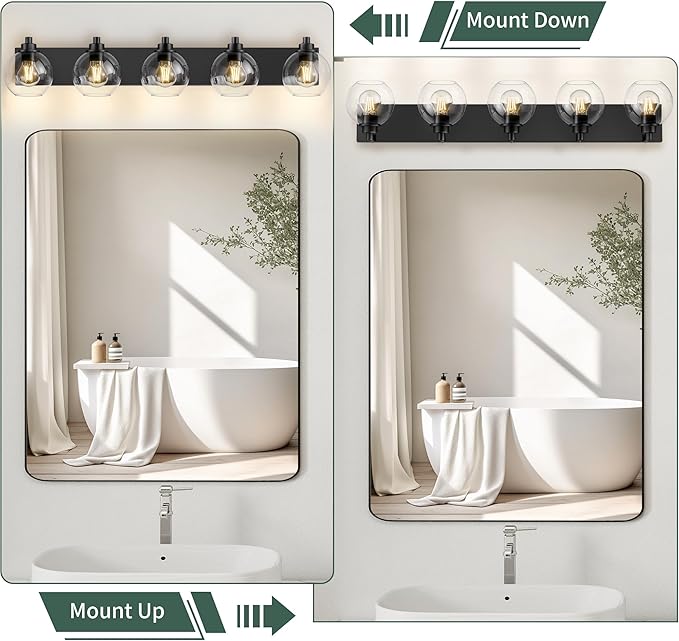 Espird 5 Light Bathroom Light Fixtures-Matte Black Bathroom Vanity Lights, Modern Vanity Lights 5-Light Bathroom Lighting Fixtures Over Mirror with Clear Glass Globe Shade