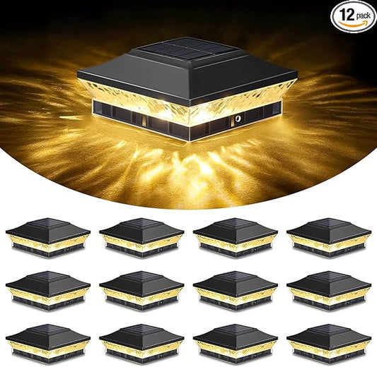 Solar Post Cap Lights Outdoor 12-Pack, Waterproof Solar Fence Post Lights Fit 3.5x3.5 4x4 Wood/Vinyl Posts, Solar Powered Deck Post Lights with 2 Modes(Warm/Cool White), Ideal for Garden Patio, Black