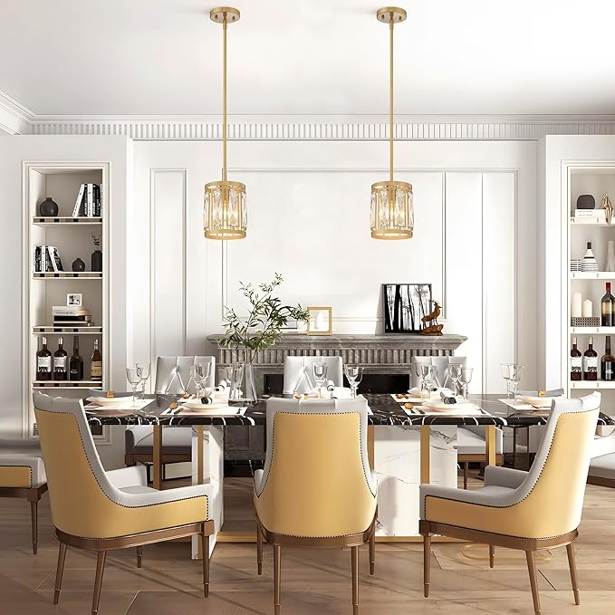 Gold Pendant Lights Kitchen Island, Crystal Pendant Light, Adjustable Hanging Light Fixture for Dining Room, Living Room, Kitchen