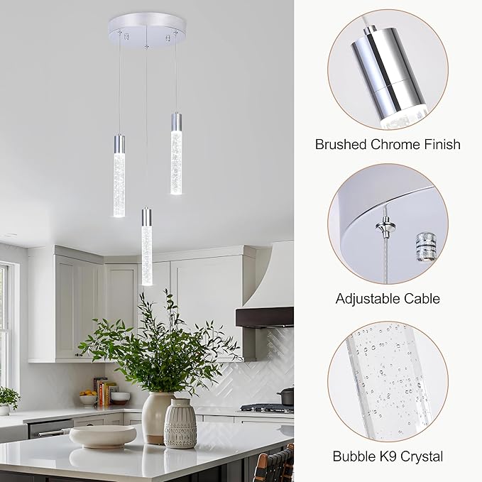 3-Light Bubble Crystal Ceiling Chrome Integrated Crystal Pendant Chandelier,Dimmable LED Ceiling Light with Adjustable Height for Kitchen Island, Dining Room & Bedroom 3000K -6000K
