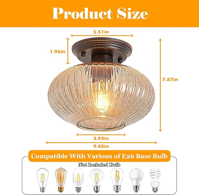 Semi Flush Mount Ceiling Light, Black Vintage Kitchen Ceiling Lights, Amber Striped Glass Close to Ceiling Light Fixtures for Living Room, Hallway, Bedroom
