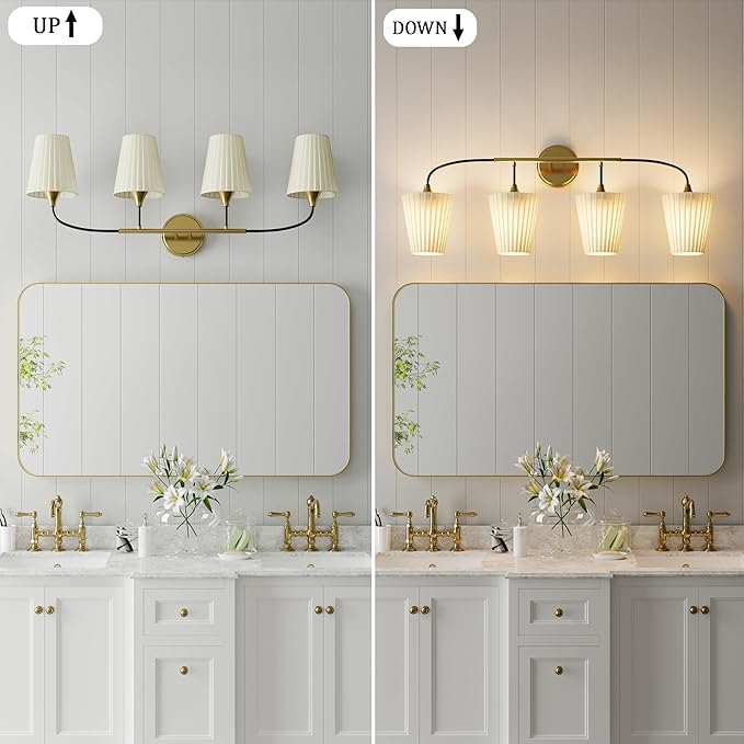 4-Light Bathroom Light Fixtures, Black Gold Bathroom Vanity Light Over Mirror, Modern Light Fixture with Flared Fabric Shade for E26 Bulb, Wall Sconce Light for Bedroom, Hallway with ETL