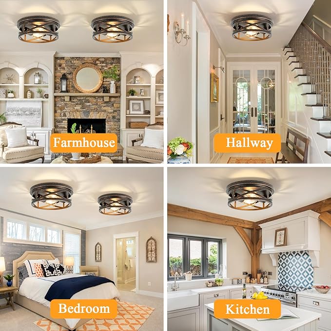 2-Light Flush Mount Ceiling Light Fixture, Farmhouse Ceiling Lights for Kitchen, Modern Black Close to Ceiling Light for Hallway Bedroom Balcony Porch Stairway, E26 (Oil Rubbed Bronze, 1 Pack)