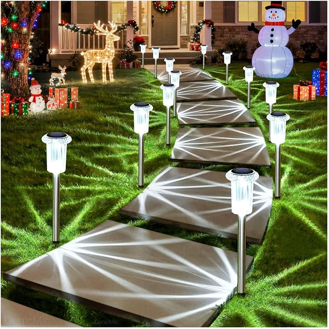 DenicMic Solar Pathway Lights Outdoor Waterproof 6000K Cold White LED Decor | Yard Garden Driveway Walkway Landscape Path Lights Diamond-like Style Starburst Light Pattern, Acrylic/Stainless Steel 15Pack