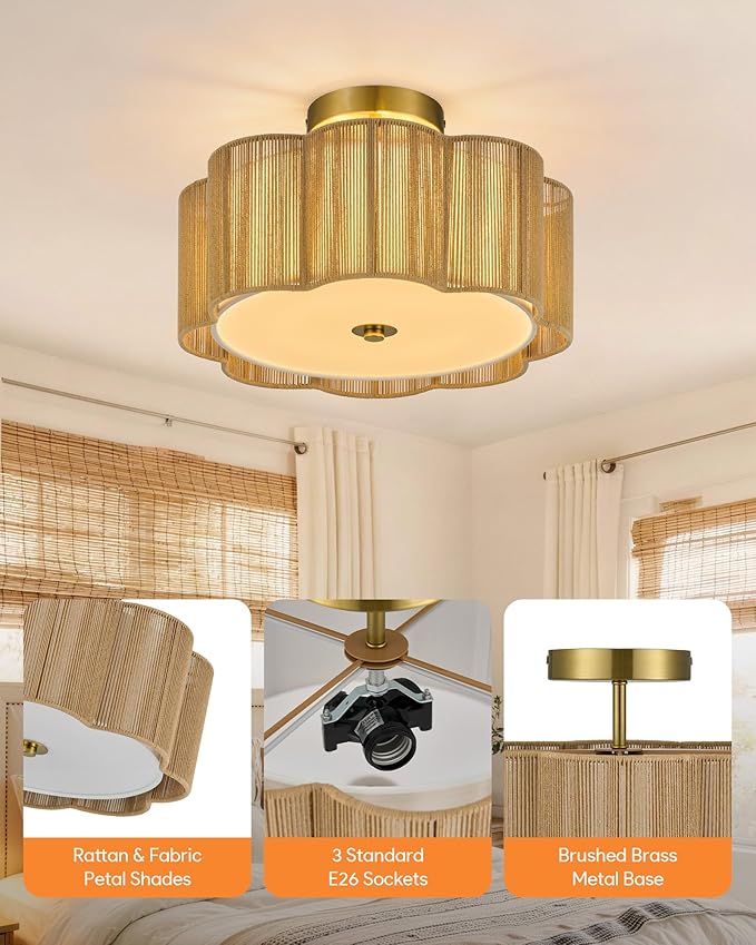 VONLUCE Semi-Flush Mount Boho Ceiling Light, 13.4" 3-Light Rattan Ceiling Light Fixture with 2 Tier Rattan Fabric Petal Shade, Lighting for Bedroom Dining Living Room, Gold Finish, ETL Certificated