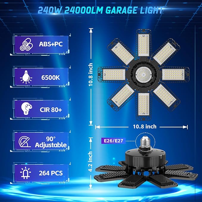 ISKYDRAW LED Garage Lights 6 Pack, 240W 24000LM Bright Shop Lights, Deformable Garage Lights Ceiling LED with 8 +1 Adjustable Panels, Screw in Bay Lighting for Garage Workshop Basement Barn Warehouse