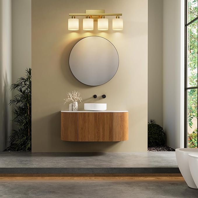 PARTPHONER Bathroom Light Fixtures, Bathroom Lighting Fixtures Over Mirror, Interior Classic Vanity Lights, Modern Vanity Light with Textured White Glass Shade, Brushed Gold, 4-Light