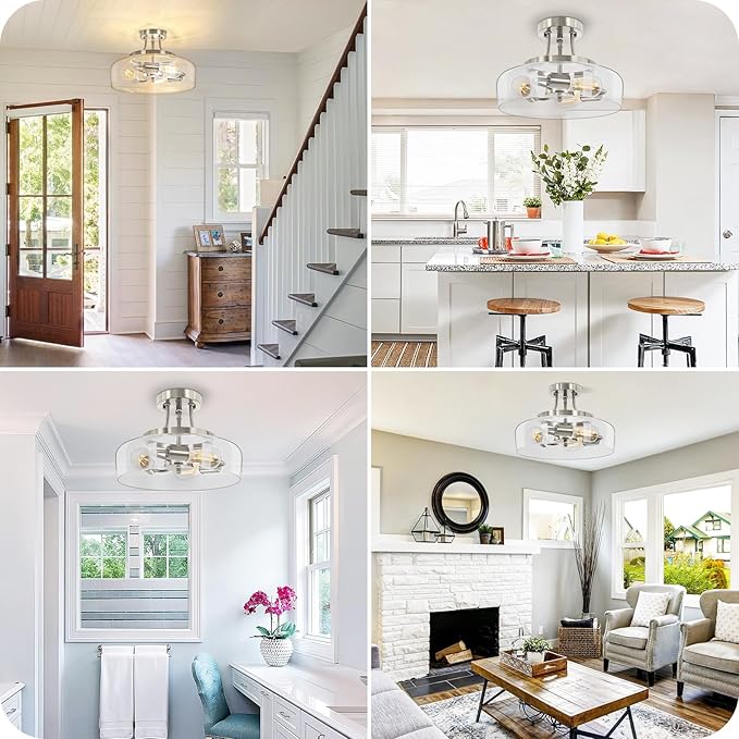 3-Light Semi Flush Mount Light Fixture, Modern Industrial Glass Ceiling Light with E26 Base, Metal Semi Flush Ceiling Light for Living Room Kitchen Bedroom Hallway Balcony, No Bulbs, Brushed Nickel