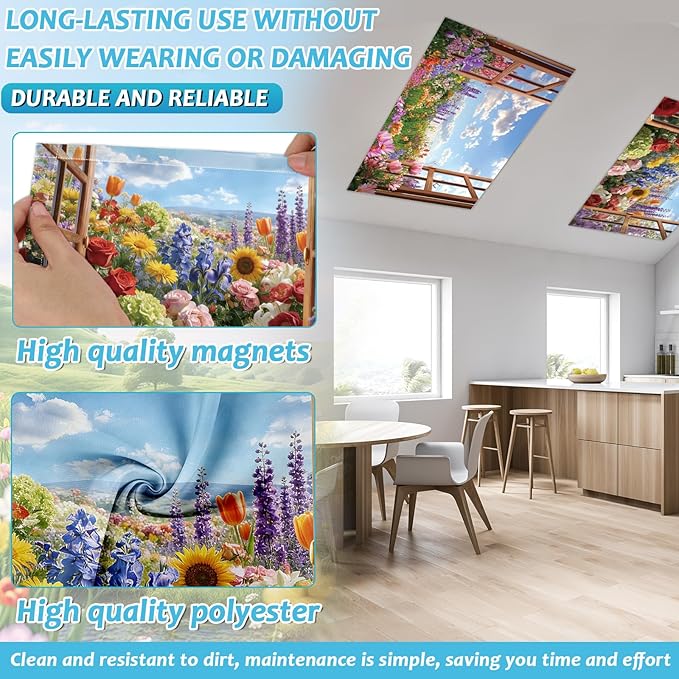 Wiooffen 6 Pcs Fluorescent Light Covers with 60 Magnets Decorative for Classroom Ceiling Light 4 x 2 Feet Magnetic Light Covers Filter Easy Install for Office Hospitals & Home(Flower Window View)