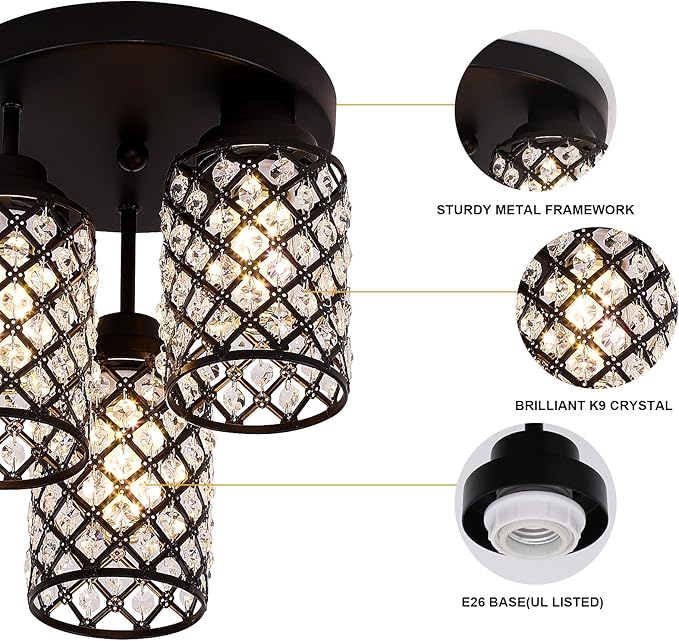 Semi Flush Mount Ceiling Light, 3-Light Close to Ceiling Light Fixtures with Crystal Metal Shade, Modern Crystal Chandelier for Bedroom Entryway Kitchen Hallway
