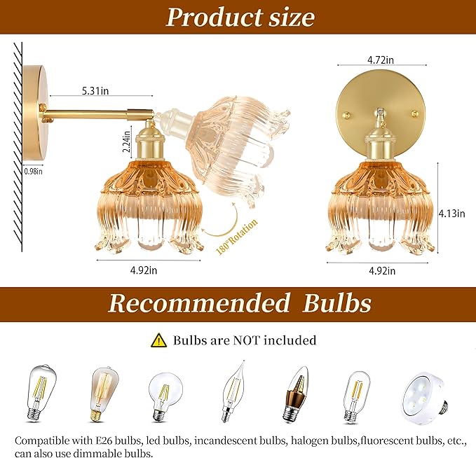 Wireless Wall Sconce with Flower lampshade, Battery Operated Wall Lights,Wall lamp with 15 Colors for Bedroom Living Room Home Decor (Amber, 2 Light Battery Operated)