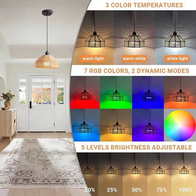 Battery Operated Pendant Light with Remote,Battery Hanging Light Rattan Woven Chandelier No Wiring Needed,Rechargeable Light Bulb 50+Hours Continue Use,Perfect for Kitchen Islands Ceiling Lighting