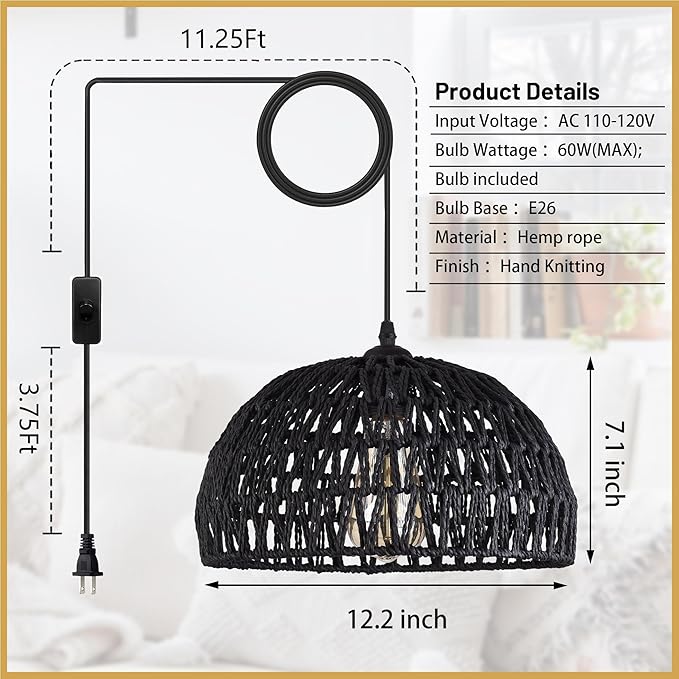 Ayshwill Dec Black Rattan Wicker Pendant Light - 15ft Boho Rattan Chandelier for Dining Room Kitchen Island (Bulb Included)