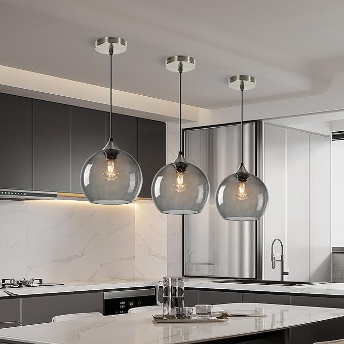 9.1in Large Light Gray Glass Pendant Light for Kitchen Island, 3-Pack with Extra LED Bulbs & 4.92ft Adjustable Cord | Modern Minimalist Lighting for Dining Room, Living Room, Entryway