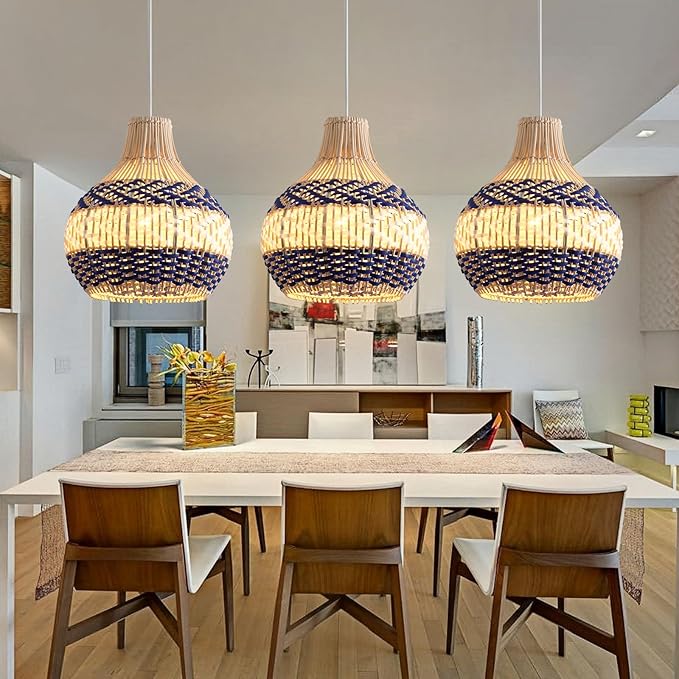 3-Pack Rattan Pendant Light Fixture 10.24" Blue White Hand-Woven Basket Fax Rattan Chandelier Boho Mini Wicker Hanging Lamp for Dining Living Bedroom Kitchen Farmhouse