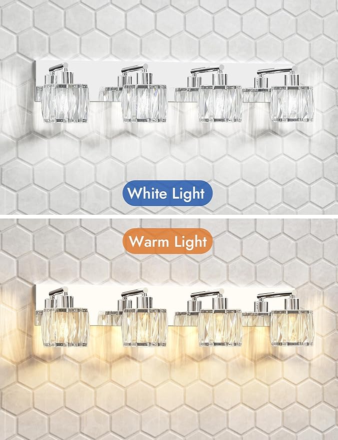 VOLISUN Crystal Vanity Lights for Bathroom, 4 Light Modern Stainless Steel Bathroom Light Fixtures Over Mirror, Chrome Bathrooms Lights Fixtures - UL Certificated (Exclude Bulb)