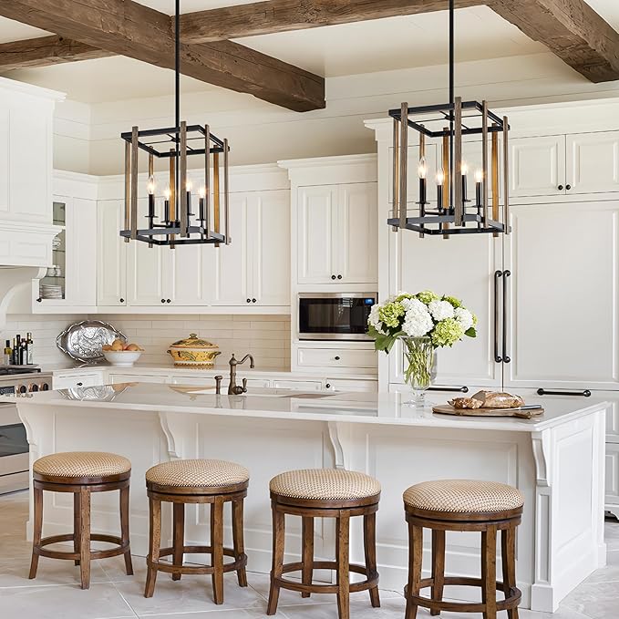 4-Light Farmhouse Chandelier Faux Wood Chandeliers Dining Room Light Fixture Adjustable Rustic Cage Pendant Light Fixtures for Kitchen Island Entryway Bedroom