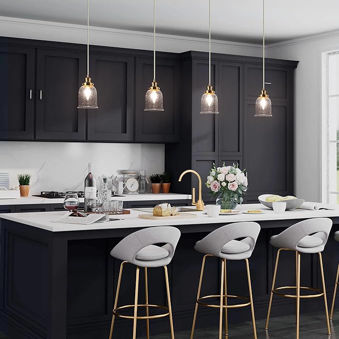 KSANA Pendant Lights Kitchen Island, Gold Seeded Glass Pendant Light Fixtures, Modern Adjustable Hanging Pendant Lighting for Kitchen, Entryway, Foyer