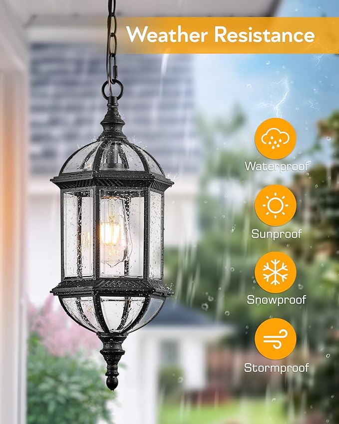 VIANIS 20" Large Dusk to Dawn Outdoor Hanging Lights, Black Outside Pendant Light, Waterproof Exterior Ceiling Lights for Patio, Porch, Entryway, Anti-Rust Adjustable Length Chandelier, Hardwired