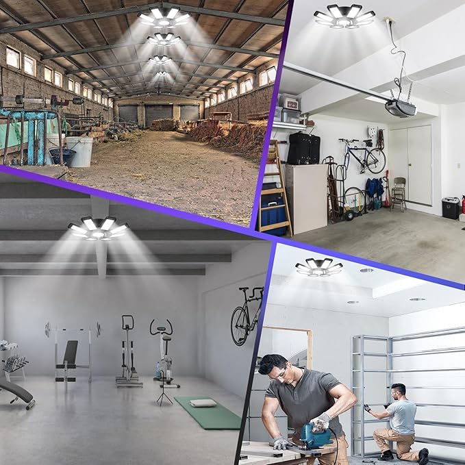 ISKYDRAW LED Garage Lights 8 Pack, 240W 24000 Lumen Workshop Light, Adjustable LED Shop Light with 8 +1 Deformable Panels, Screw in Bay Lighting for Basement Warehouse Barn Gym