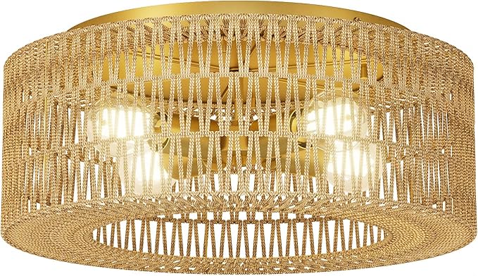 ROOMTEC 17.7" Rattan Flush Mount Ceiling Light, 4-Light Ceiling Fixture with Bulbs Included, Boho Woven Natural Fiber Dining Room Light for Bedroom Living Room Kitchen