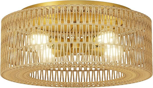 ROOMTEC 17.7" Rattan Flush Mount Ceiling Light, 4-Light Ceiling Fixture with Bulbs Included, Boho Woven Natural Fiber Dining Room Light for Bedroom Living Room Kitchen