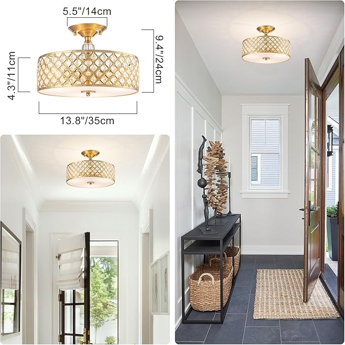3-Light Gold Semi Flush Mount Ceiling Light Fixture,Modern Drum Crystal Metal Acrylic Round Close to Ceiling Light