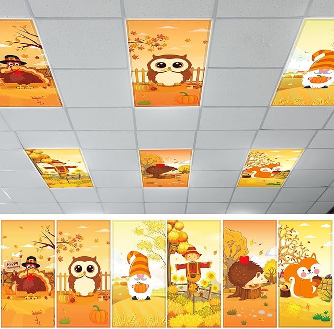 6 Pcs Fluorescent Light Covers with 60 Magnets Fall Animal Decorative for Classroom Ceiling Light 4 x 2 Feet Magnetic Lights Covers Filter for Office Hospitals Home Autumn Classroom Decor(Fall Animal)