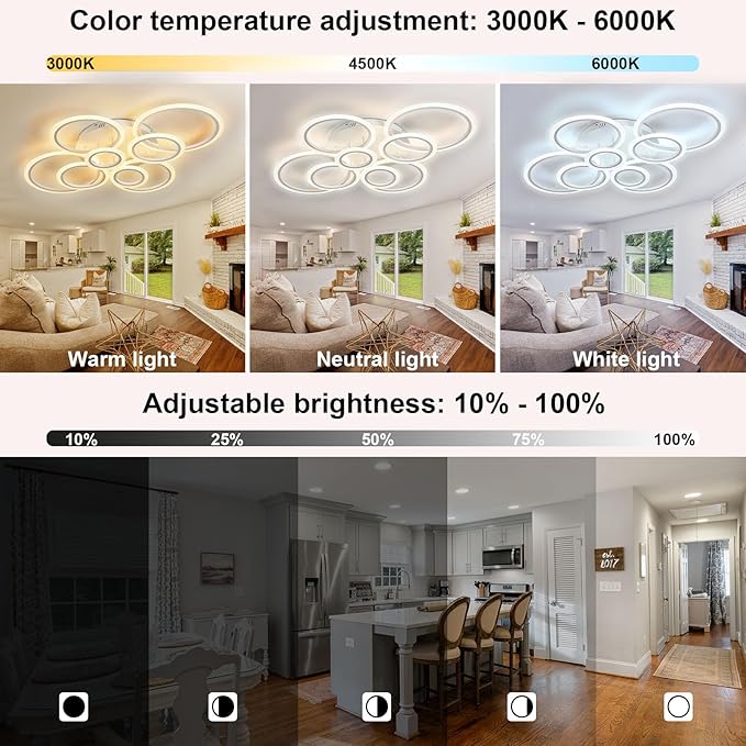 Modern LED Ceiling Light 41inch with Remote Dimmable 8 Ring White Flush Mount Ceiling Light Fixture for Living Room Bedroom Kitchen Dining Room