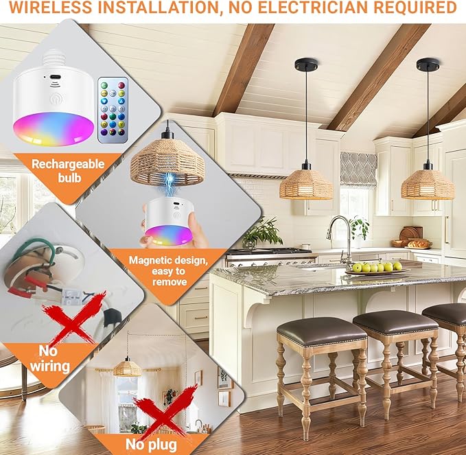 Battery Operated Pendant Light with Remote,Battery Hanging Light Rattan Woven Chandelier No Wiring Needed,Rechargeable Light Bulb 50+Hours Continue Use,Perfect for Kitchen Islands Ceiling Lighting