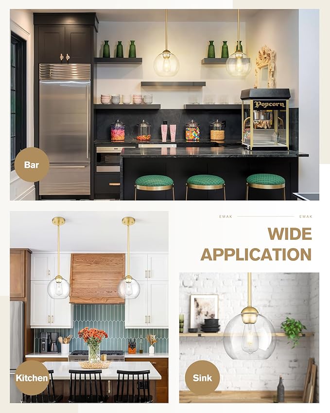 Emak 2 Pack Gold Pendant Light Fixtures, 8 Inch Globe Pendant Lights Kitchen Island with Clear Glass, Modern 1 Light Pendant Lighting for Kitchen, Bedroom, Bathroom, PL121-GD-2PK