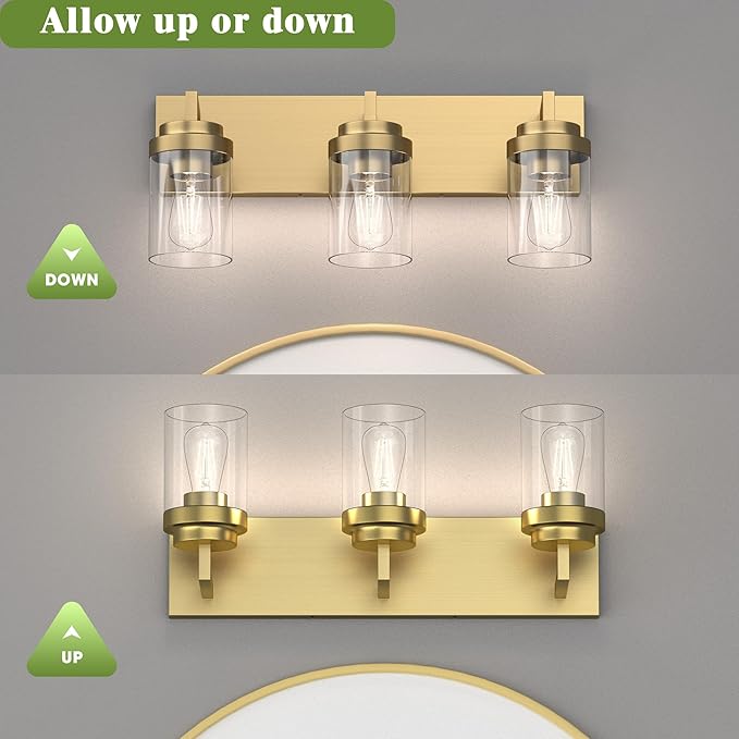 Espird Bathroom Lighting Fixtures, 3-Light Bathroom Vanity Lights Over Mirror, Brass Vanity Light with Glass Shade, Modern Vanity Lighting Fixtures for Bedroom, Hallway