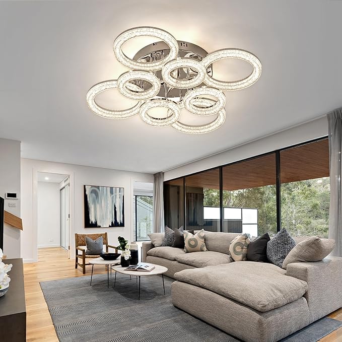 OKELI Modern Ceiling Light, 8 Rings 26.8'' Dimmable LED 106W Flush Mount Ceiling Lights with Remote Acrylic Crystal Round Ceiling Light Fixture, Bedroom Living Room Dining Room, Chrome