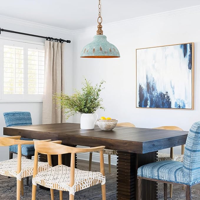 Kitchen Island Pendant Light, 11.3” Golden Pendant Lighting, Teal Farmhouse Pendant Light Fixture for Dining Room, Bar, Hallway, Foyer, Entryway, Bedroom, Adjustable Chain