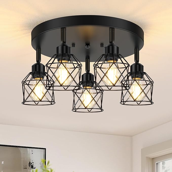5-Light Adjustable Kitchen Light Fixtures, Multi-Directional Black Ceiling Light Fixtures, Semi Flush Mount Ceiling Light, Vintage Metal Cage Spotlight Fixture for Hallway Dining Room Entryway