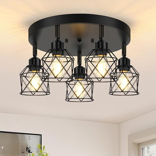 5-Light Adjustable Kitchen Light Fixtures, Multi-Directional Black Ceiling Light Fixtures, Semi Flush Mount Ceiling Light, Vintage Metal Cage Spotlight Fixture for Hallway Dining Room Entryway