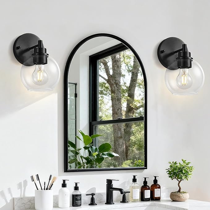 Black Bathroom Vanity Lights, 1-Light Wall Sconce with Glass Globe Shade, Vanity Lighting for Bathroom/Bedroom/Dressing Room, Vertical/Horizontal Mounted, E26 Bulb Base (Bulb Not Included)