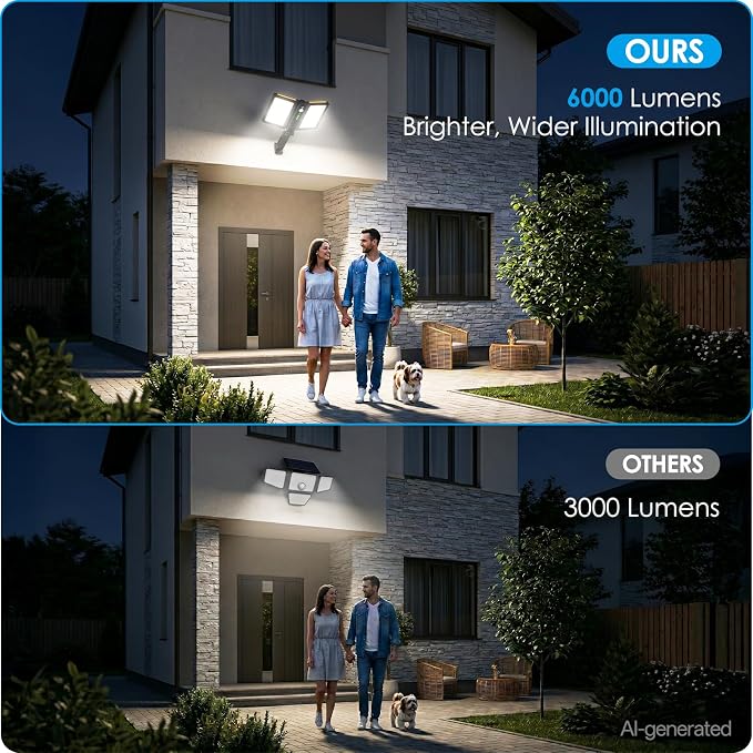 ropelux Solar Outdoor Lights, 6000LM Motion Sensor Outdoor Light Double Big Solar Panels, IP65 Waterproof and 5 Modes, 218LEDs High Brightness Wider Illuminated Area Flood Lights for Garden Street