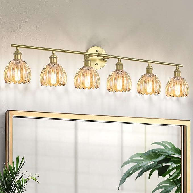Vintage Bathroom Light Fixtures,6-Light Hardwired Vanity Lights with Amber Tulip Glass Shade,Gold Bathroom Vanity Light for Mirror Restroom,E26 Socket,40.55 in(Bulbs Not Included)