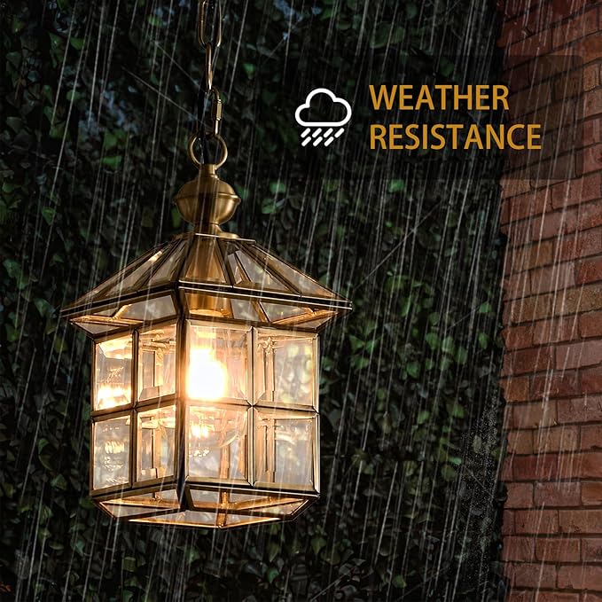 Milaii Mi Copper Brass Outdoor Pendant Light 12.6in Exterior Lantern Hanging Light Fixture Waterproof Anti-Rust Porch Light Outdoor Chandelier for Porch Kitchen Dining Room Entryway Patio